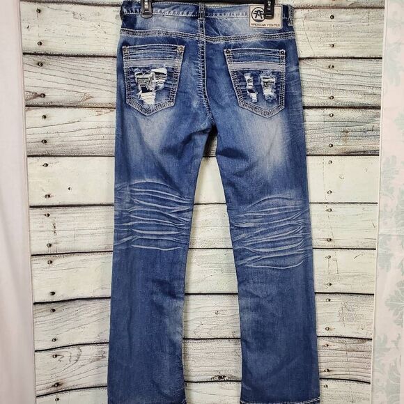 American Fighter Buckle Men’s Jeans Size 34L Blue Distressed Denim - Picture 7 of 13